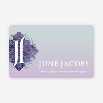 June Jacobs gift card with purple logo and cutting-edge science married with nature text